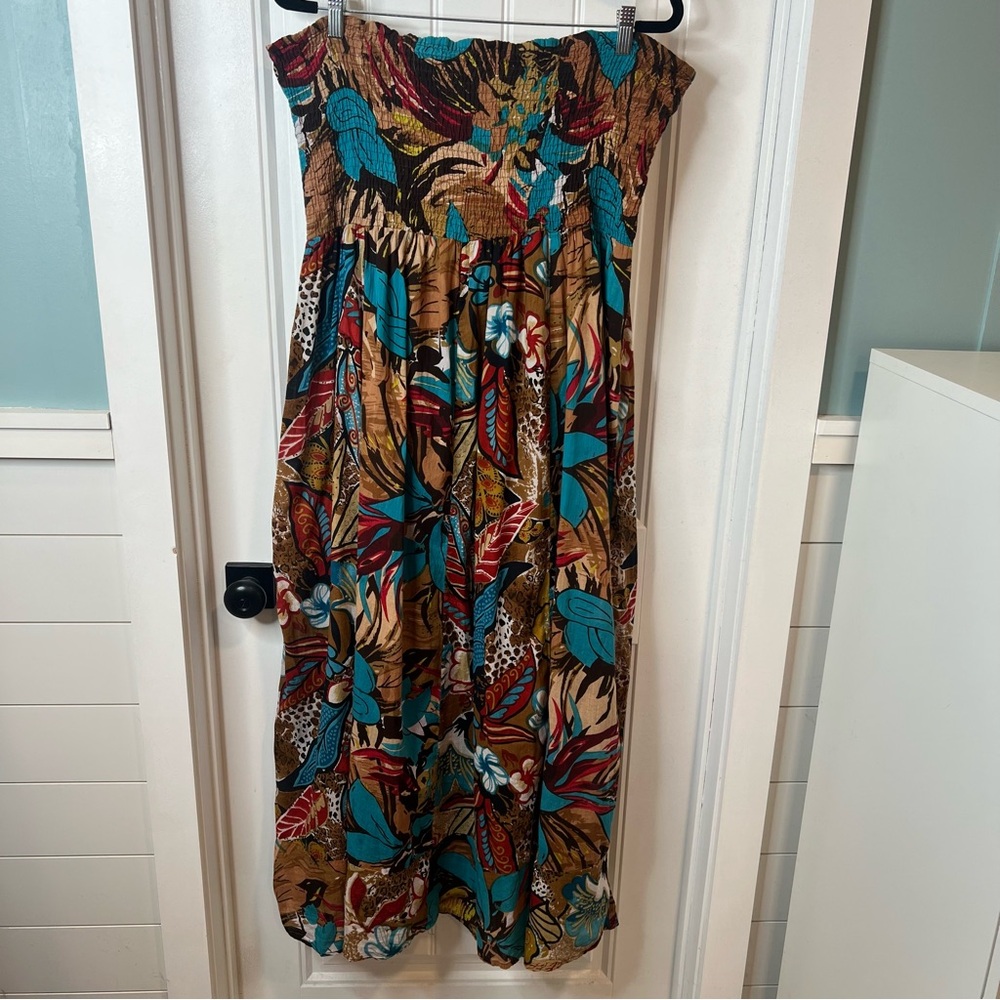 Fun & Flirt Strapless Turquoise Brown Gold Tropical Print Maxi Dress. Size 1X.
